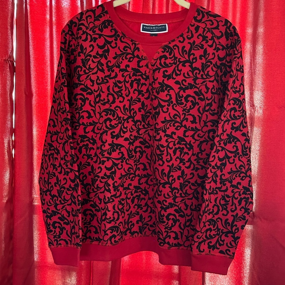 Karen Scott Red and Black Floral Crewneck Sweater